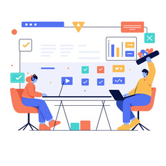 Naklejka premium Teamwork develop social media content vector illustration. Cartoon flat tiny developer designer people team working on creative webpage, news portal or information website. Web development background