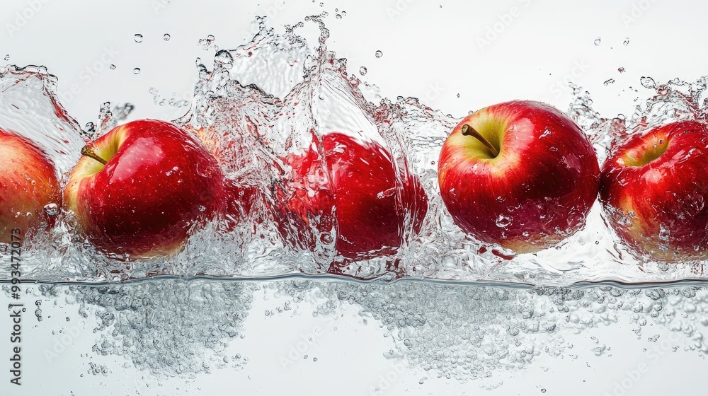 Poster fresh red apples falling into water, creating a vibrant splash that contrasts against the stark whit