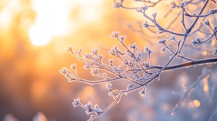 A serene scene captures the delicate frost covering the branches of a tree in the early morning light, creating a sparkling effect against the soft glow of dawn. The cold weather enhances the 