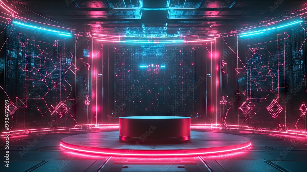 Poster futuristic podium illuminated by glowing neon lights, surrounded by abstract neural network patterns