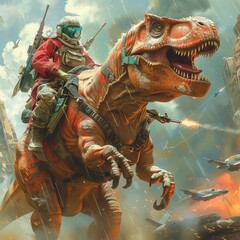 a human riding an armed and armored T-Rex covered in missles and jet parts