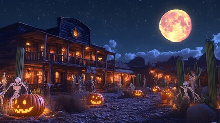 A spooky Halloween scene unfolds in a deserted Wild West ghost town, where dilapidated buildings are draped in Halloween decorations. Cacti are decorated with skeletons and pumpkins, while the 