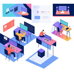 Obraz premium Teamwork develop social media content vector illustration. Cartoon flat tiny developer designer people team working on creative webpage, news portal or information website. Web development background