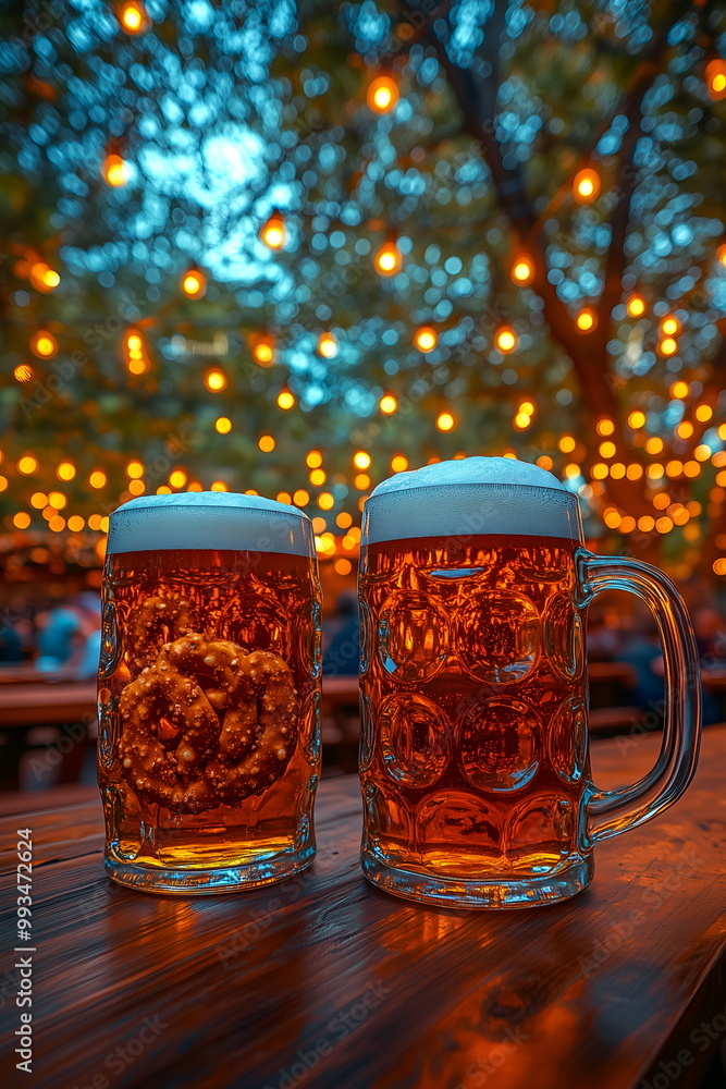 Wall mural A rustic beer garden table adorned with large mugs of frothy beer, pretzels, and Bavarian decorations