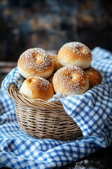 A rustic basket filled with baked German bread rolls, placed on a traditional Bavarian tablecloth