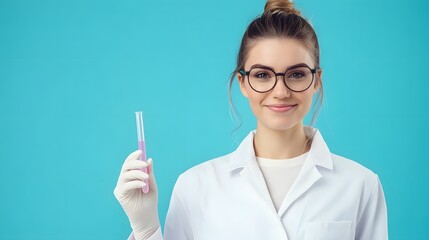 A Smiling Woman in a Lab Coat Holding a Test Tube with Pink Liquid