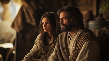 Obraz premium Mary and Joseph in the town of Nazareth, showcasing their peaceful life before the angel's visit