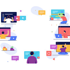 Fototapeta premium Teamwork develop social media content vector illustration. Cartoon flat tiny developer designer people team working on creative webpage, news portal or information website. Web development background