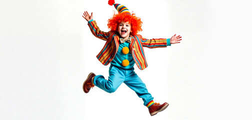Happy boy wearing clown costume jumping and having fun