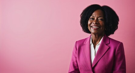 Obraz premium Happy middleaged Black woman with natural hair wearing blazer on plain pink background