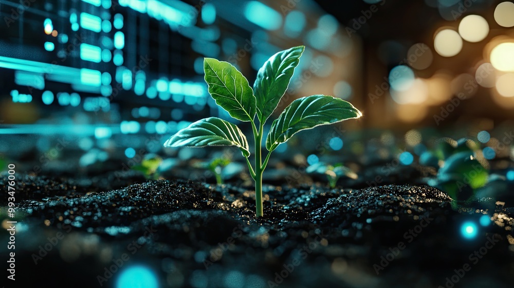 Aufkleber smart farming concept with a single young plant and data projections on light screens in a tech-driv
