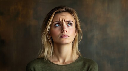 Fototapeta premium Stressed blonde woman staring into the distance, with furrowed brows and a tense posture, expressing fear or anxiety.