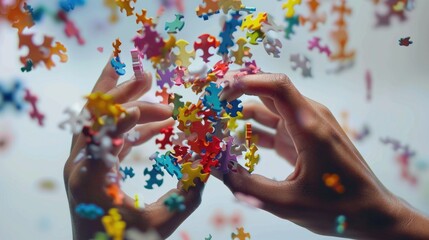 A person holding a bunch of colorful puzzle pieces, great for illustration of creativity or problem-solving