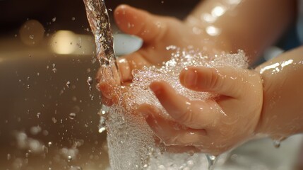 Fototapeta premium Fresh and Clean - Child's Hands Rinsing Off Soap Under Faucet