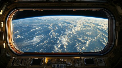 A breathtaking view of the Earth's horizon from the window of a spacecraft, revealing a tapestry of clouds illuminated by the sun's rays.