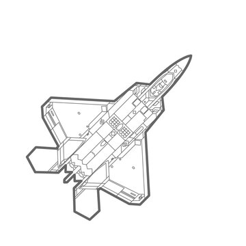 F-22 Raptor Aircraft Outline Illustration. Maket icon. F-22 Raptor Aircraft Outline Illustration. Black And White Fighter Jet Drawing Line Art Vector. War Plane Contour Sketch.