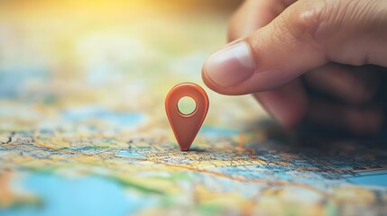 hand on the map with gps signal and location. Showing Location on map with marker. Hand holding pin icon on map, red locatin icon. Concept of loaction, adress and navigation