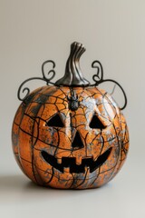 A jack-o-lantern sitting on a table, perfect for Halloween decorations or fall-themed events