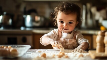 An adorable baby is exploring cooking with curiosity, creating fun and memorable moments in the kitchen with family. 