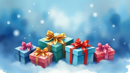 Obraz premium Banner for a postcard on a blue background New Year's gifts in packaging, snowflakes in a watercolor style