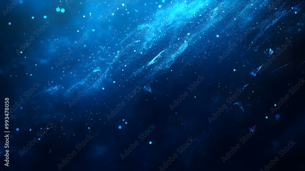 Poster abstract blue background with glowing particles and bokeh lights