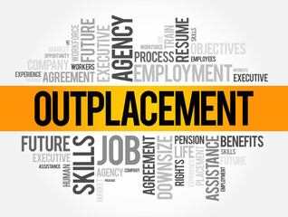 Outplacement is a support service provided by organizations to help former employees transition to new jobs, word cloud concept background