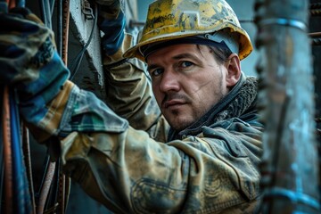 Obraz premium A construction worker wearing a hard hat and gloves, ready for work on a building site