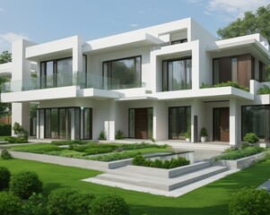 Modern luxury minimalist cubic house, villa with glass walls and landscaping design front yard. Residential architecture exterior. 300dpi