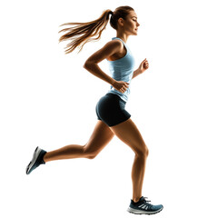 Young woman runner running jogger jogging athletics side view full length on transparency background PNG isolated