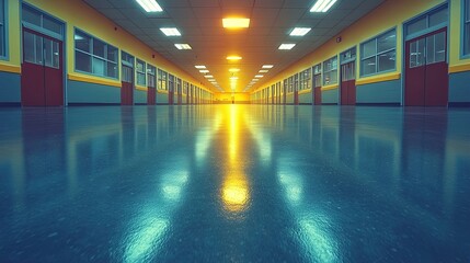 Fototapeta premium A long hallway with a tiled floor and bright yellow lights reflecting off the surface, creating a sense of depth and perspective