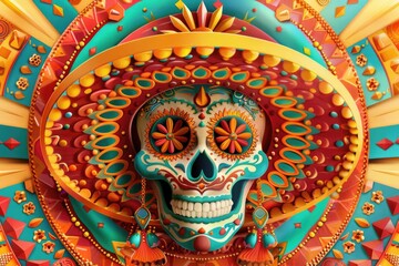 A vibrant sugar skull sits on a bright and bold background, perfect for celebrations and festivities