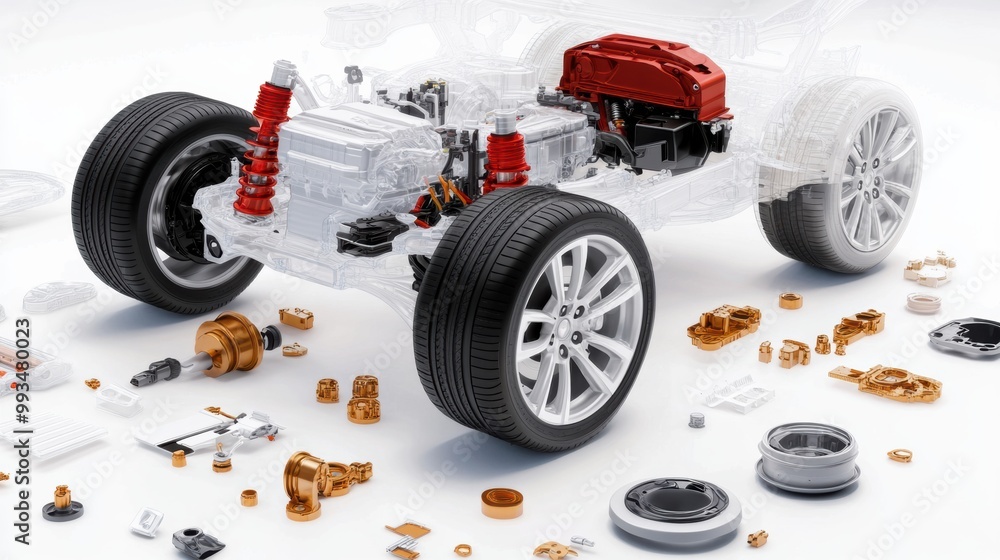 Poster transparent car model with engine and components display