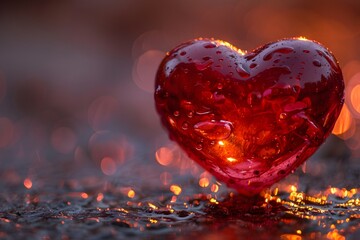 Radiant Red Glass Heart with Water Droplets on Wet Surface - Love Symbol for Valentine's Day Card Design