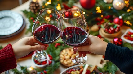 Joyful friends toasting with red wine at festive holiday dinner table
