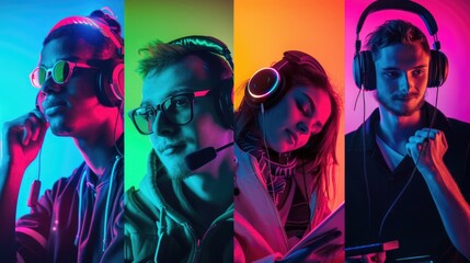 A group of individuals listening to music or podcasts with their headphones on, suitable for use in advertising or promoting music streaming services