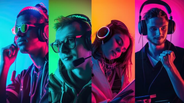 A group of individuals listening to music or podcasts with their headphones on, suitable for use in advertising or promoting music streaming services