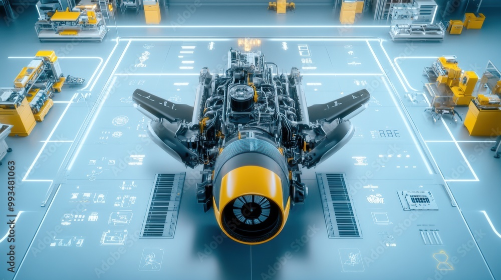 Poster modern engine components in high-tech workspace