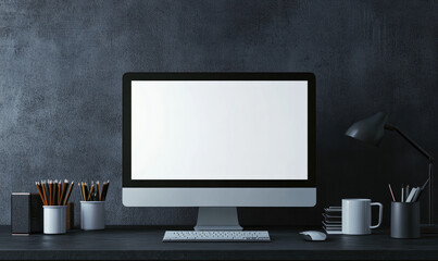  A blank white screen of an iMac on the desk, in a mockup style. The background is dark and minimalistic. Created with Ai
