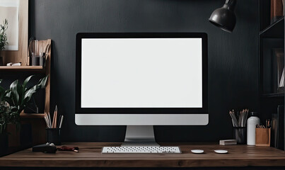  An empty white screen of a computer in the middle of a dark wooden desk, with a black wall behind it. Created with Ai