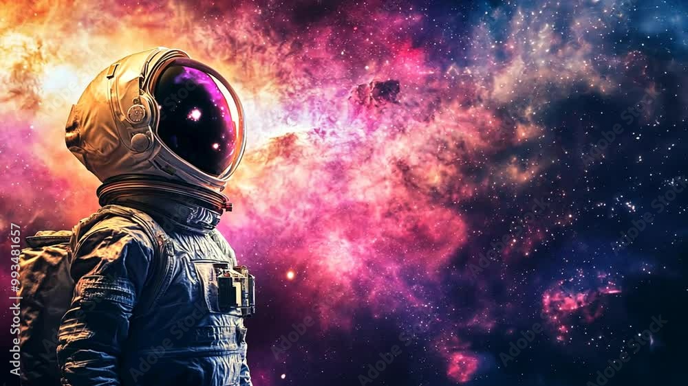 Poster astronaut exploring vibrant cosmic space with colorful nebula backdrop generative ai