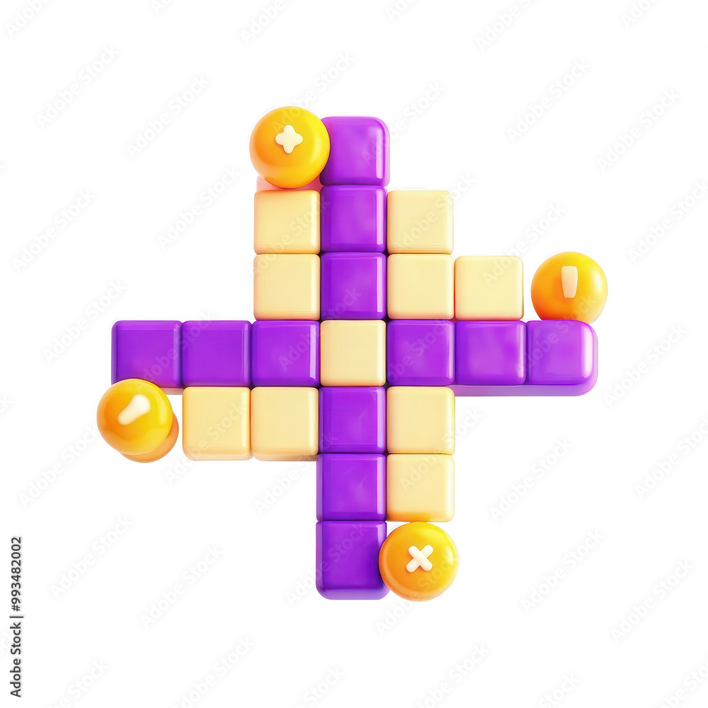 Poster a vibrant 3d design featuring colored game tiles in purple and yellow, with a playful arrangement cr