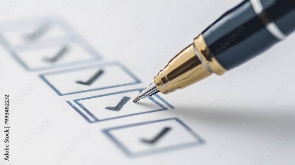 Poster close-up view of pen marking checkbox on ballot form for election decision
