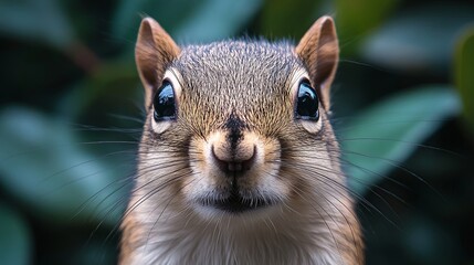 Obraz premium A close-up portrait of a curious squirrel peering directly at the camera, its dark eyes reflecting the light of the surrounding foliage, and its delicate whiskers twitching with anticipation