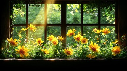 A rustic window with a view of lush greenery, illuminated by sunlight streaming through the panes, framed by a vibrant display of yellow wildflowers in full bloom.