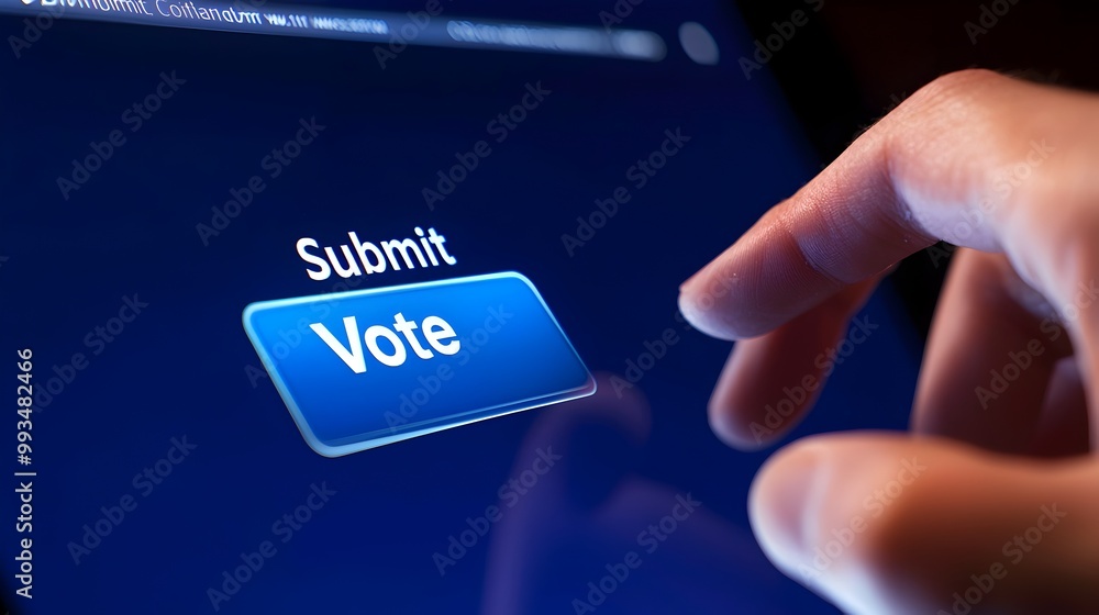 Poster fingers tapping digital submit vote button on screen for online voting and digital democracy