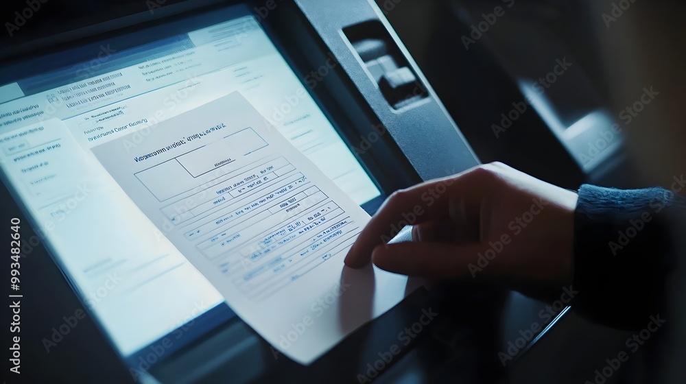 Poster close-up view of ballot being scanned by voting machine for electronic vote counting