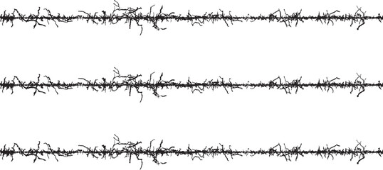 silhouettes of grass, a series of black and white lines with a tree in the middle, A set of black and white fence lines with different shapes, a border wire with barbed wire, barbed with a line