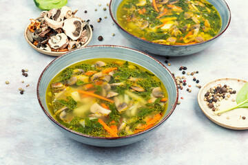 Mushroom spinach soup with spices.