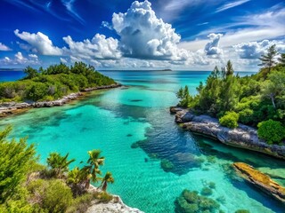 Serene Bahamas Landscape with Turquoise Waters and Lush Greenery under a Clear Blue Sky