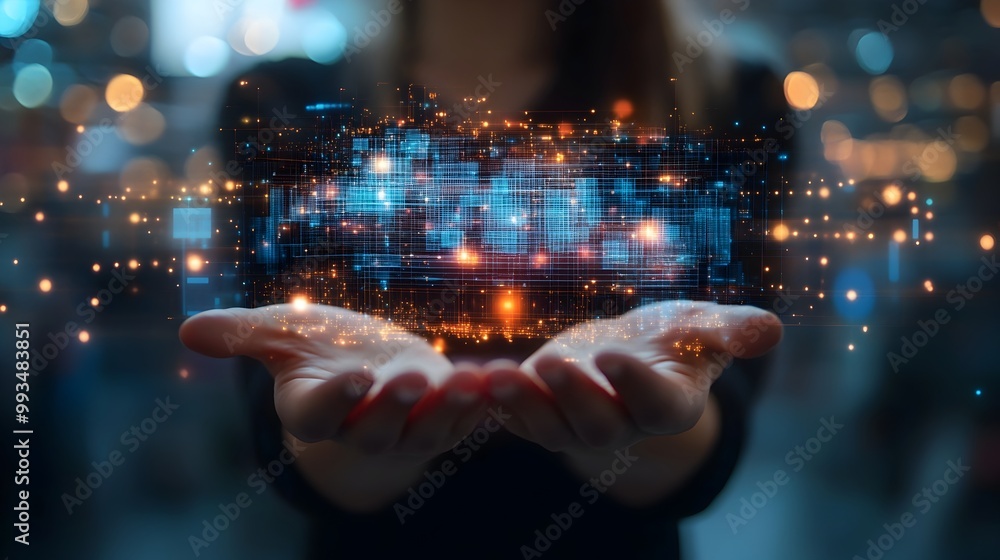 Poster futuristic business concept with holographic blueprint and data visualization